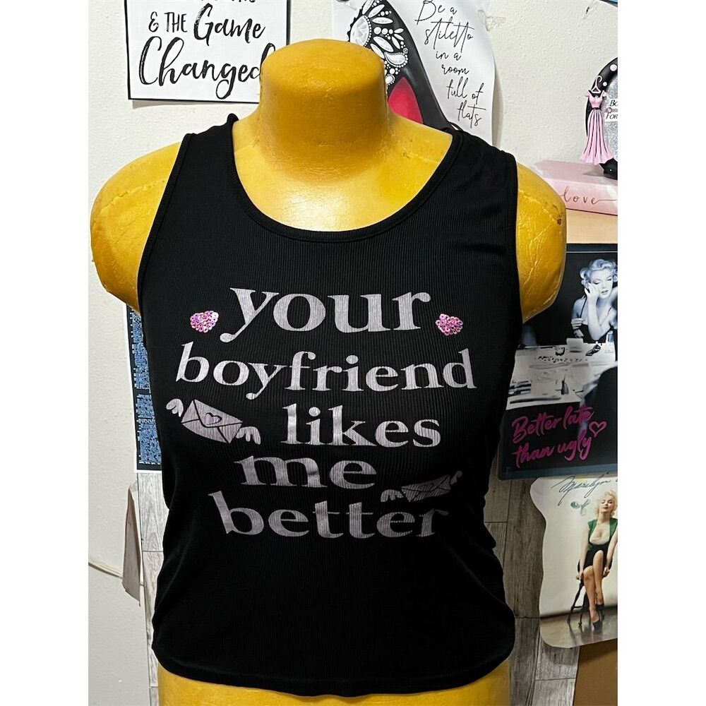 Mentally Exhausted Women's 2XL Black Tank Top "Your Boyfriend Likes Me"